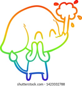 dibujo de una línea de gradiente de arco iris de un tierno elefante de dibujos animados chorreando agua