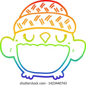 dibujo de una linea de gradiente de arco iris de un búho de dibujos animados lindo en ese sombrero