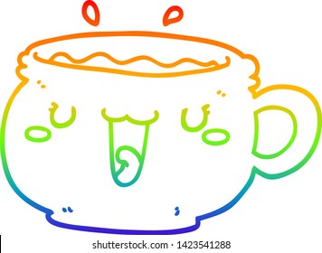 rainbow gradient line drawing of a cute cartoon coffee cup