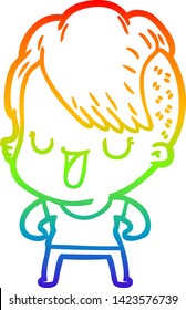rainbow gradient line drawing of a cute cartoon girl with hipster haircut