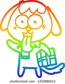 dibujo de una linea de gradiente arco iris de un lindo perro de dibujos animados con navidad presente