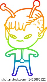 rainbow gradient line drawing of a cute cartoon alien girl