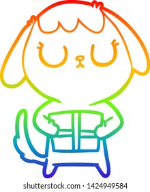 rainbow gradient line drawing of a cute cartoon dog with christmas present