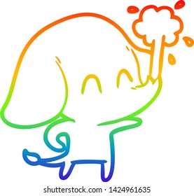 dibujo de una línea de gradiente de arco iris de un tierno elefante de dibujos animados chorreando agua
