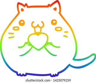 rainbow gradient line drawing of a cute cartoon cat in love
