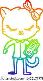 rainbow gradient line drawing of a cute cartoon business cat with bow