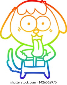 rainbow gradient line drawing of a cute cartoon dog with christmas present