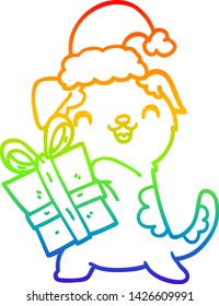 rainbow gradient line drawing of a cute cartoon puppy with christmas present and hat