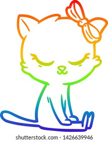 rainbow gradient line drawing of a cute cartoon cat with bow