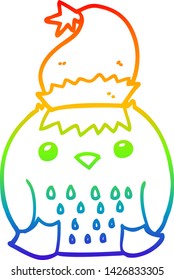 dibujo de una linea de gradiente de arco iris de un lindo búho de dibujos animados que lleva sombrero de navidad