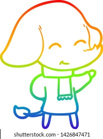 dibujo de una linea de gradiente arco iris de un tierno elefante de dibujos animados con ropa de invierno