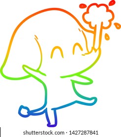 dibujo de una línea de gradiente de arco iris de un tierno elefante de dibujos animados chorreando agua