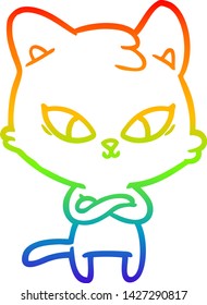 rainbow gradient line drawing of a cute cartoon cat