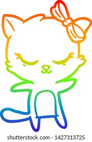 rainbow gradient line drawing of a cute cartoon cat with bow