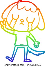 rainbow gradient line drawing of a cute cartoon dog crying