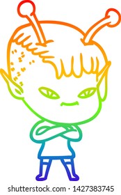 dibujo de una linea de gradiente arco iris de una linda chica alienígena