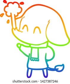 rainbow gradient line drawing of a cute cartoon elephant spouting water