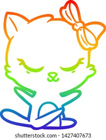 rainbow gradient line drawing of a cute cartoon cat with bow