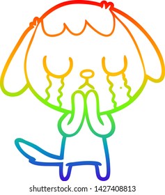 dibujo de una linea de gradiente arco iris de un lindo perro caricaturista llorando