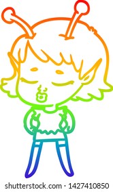dibujo de una linea de gradiente arco iris de una tira cómica de una chica alienígena adorable