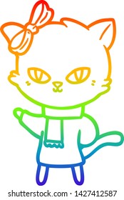 rainbow gradient line drawing of a cute cartoon cat in winter clothes