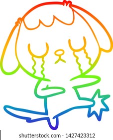 rainbow gradient line drawing of a cute cartoon dog crying