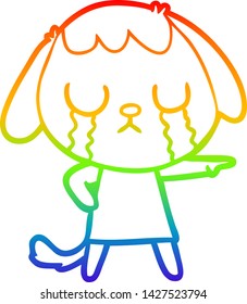 rainbow gradient line drawing of a cute cartoon dog crying