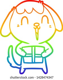 rainbow gradient line drawing of a cute cartoon dog with christmas present