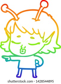 rainbow gradient line drawing of a cute alien girl cartoon pointing