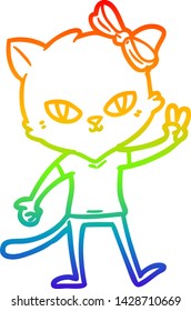 Regenbogen-Farbverlauf-Linie Zeichnung eines süßen Cartoon-Katzen-Mädchen, das ein Friedenszeichen gibt