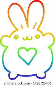 rainbow gradient line drawing of a cute cartoon rabbit with love heart