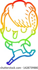 rainbow gradient line drawing of a cute cartoon girl with hipster haircut
