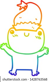 rainbow gradient line drawing of a cute cartoon frog wearing christmas hat