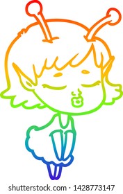 rainbow gradient line drawing of a cute alien girl cartoon