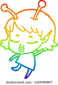dibujo de una linea de gradiente arco iris de una tira cómica de una chica alienígena adorable