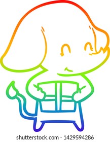 dibujo de una linea de gradiente arco iris de un tierno elefante de dibujos animados con presente