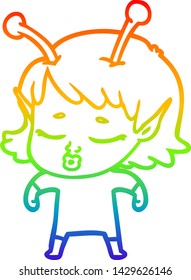 rainbow gradient line drawing of a cute alien girl cartoon