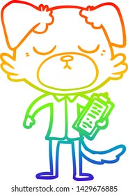 rainbow gradient line drawing of a cute cartoon dog wearing office shirt