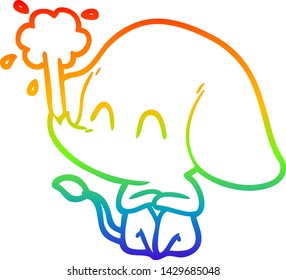 dibujo de una línea de gradiente de arco iris de un tierno elefante de dibujos animados chorreando agua