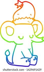 dibujo de una línea de gradiente de arcoiris de un lindo elefante de navidad