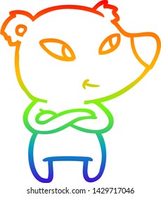 rainbow gradient line drawing of a cute cartoon bear with crossed arms