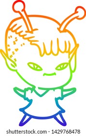 rainbow gradient line drawing of a cute cartoon alien girl
