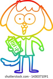 dibujo de una linea de gradiente de arco iris de un lindo perro caricaturista con camisa de oficina