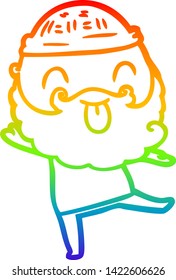 rainbow gradient line drawing of a dancing man with beard sticking out tongue
