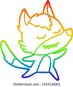 rainbow gradient line drawing of a friendly cartoon wolf dancing