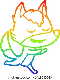 rainbow gradient line drawing of a friendly cartoon wolf running