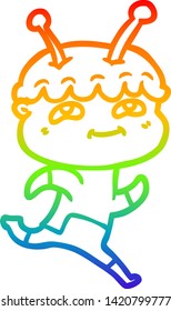 rainbow gradient line drawing of a friendly cartoon spaceman running