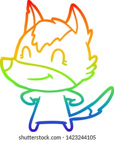 dibujo de una línea de gradiente de arco iris de un lobo de caricatura amistoso