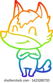 dibujo de una línea de gradiente de arco iris de un lobo de caricatura amistoso