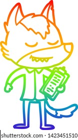 rainbow gradient line drawing of a friendly cartoon wolf with notes